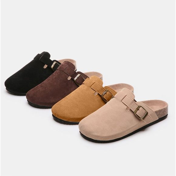 Beige Colored Suede Closed Toe Buckle Slide - Picture 1 of 5